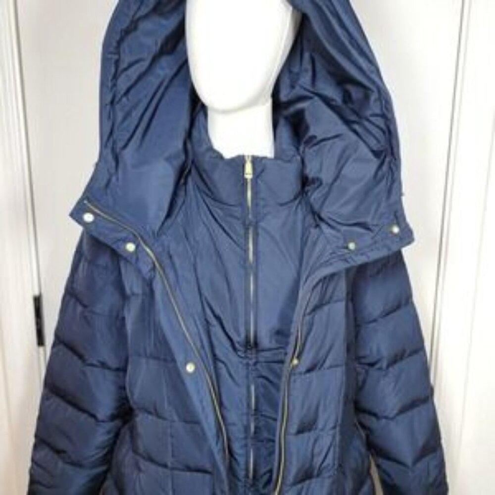 Cole Haan Feather Down Maxi Puffer Coat Jacket Navy Fold Down Collar Women's XL